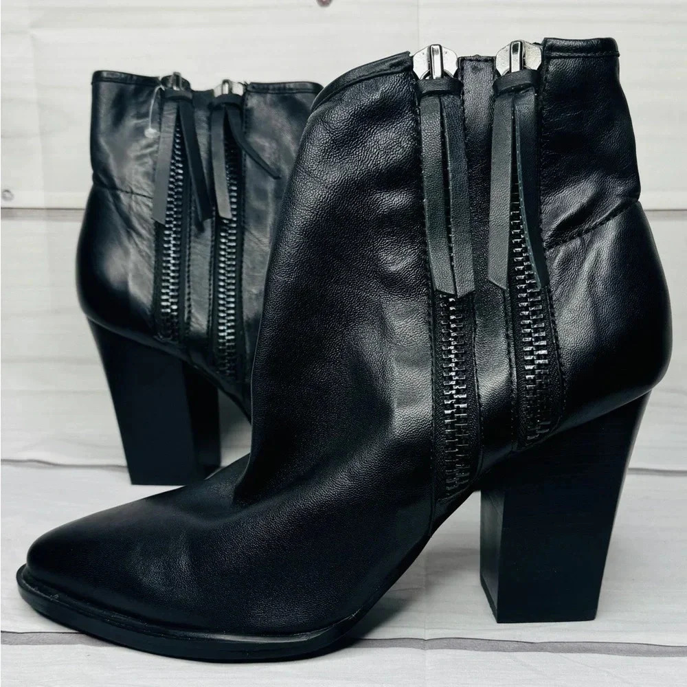 Steve Madden Marando Black Pointed Toe Block Heel Leather‎ Boots Size 10